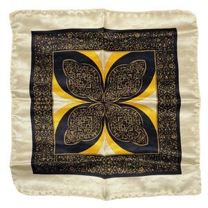 100% Silk Pocket Square Mens Cream Black Gold Medallion Jacquard Handmade Italy